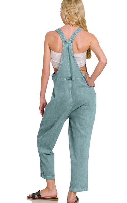 Zenana Washed Relaxed Fit Denim Overalls