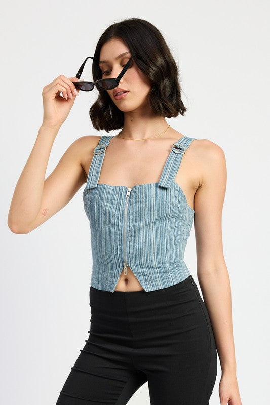 Emory Park Ilaria Zipper Front Denim Bustier Top