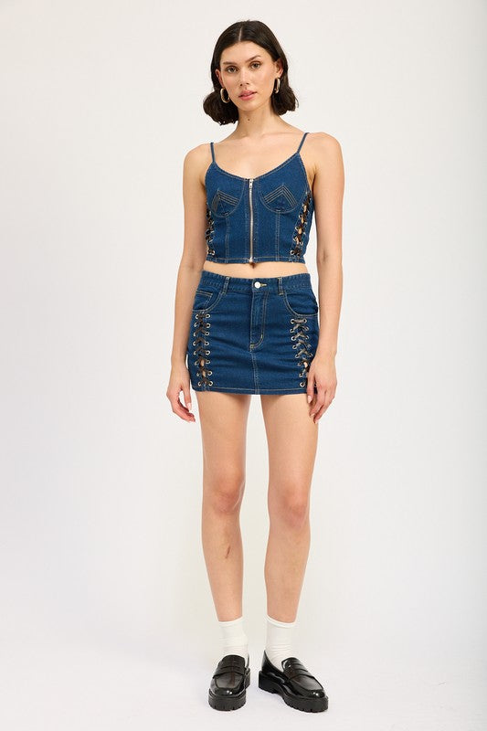 Emory Park Greta Lace Up Mini Denim Skirt