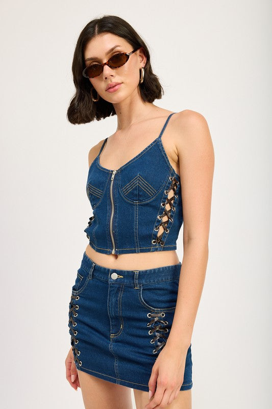Emory Park Greta Lace Up Mini Denim Skirt