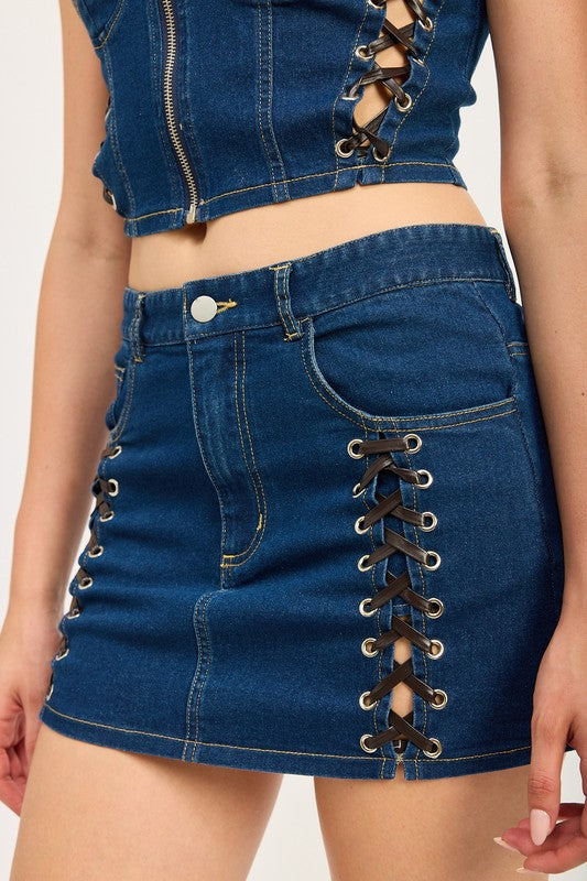 Emory Park Greta Lace Up Mini Denim Skirt