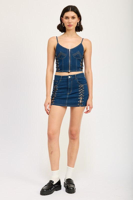 Emory Park Greta Corset Zipper Front Denim Top
