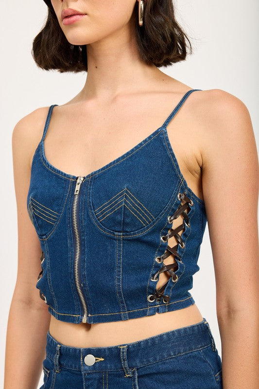 Emory Park Greta Corset Zipper Front Denim Top