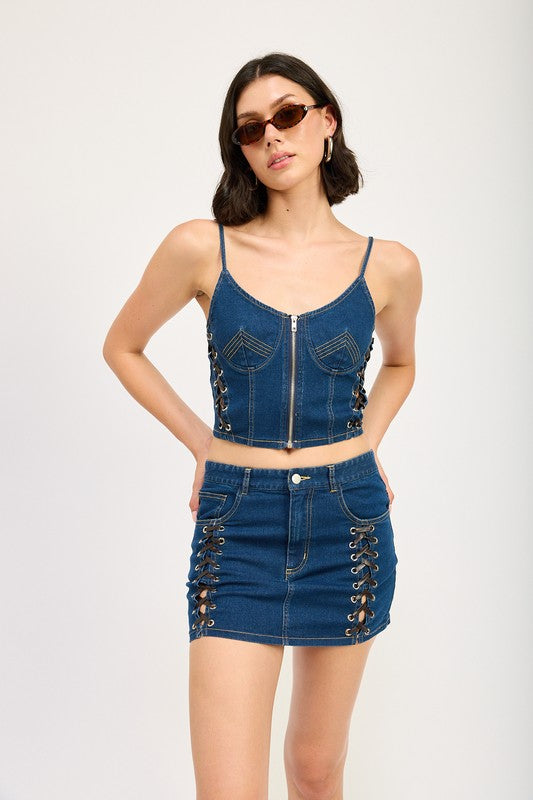 Emory Park Greta Corset Zipper Front Denim Top