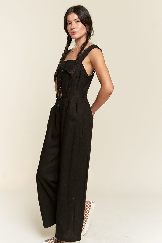 Jade By Jane Linen Blend Sleeveless Square Neck Button Down Ankle Jumpsuit