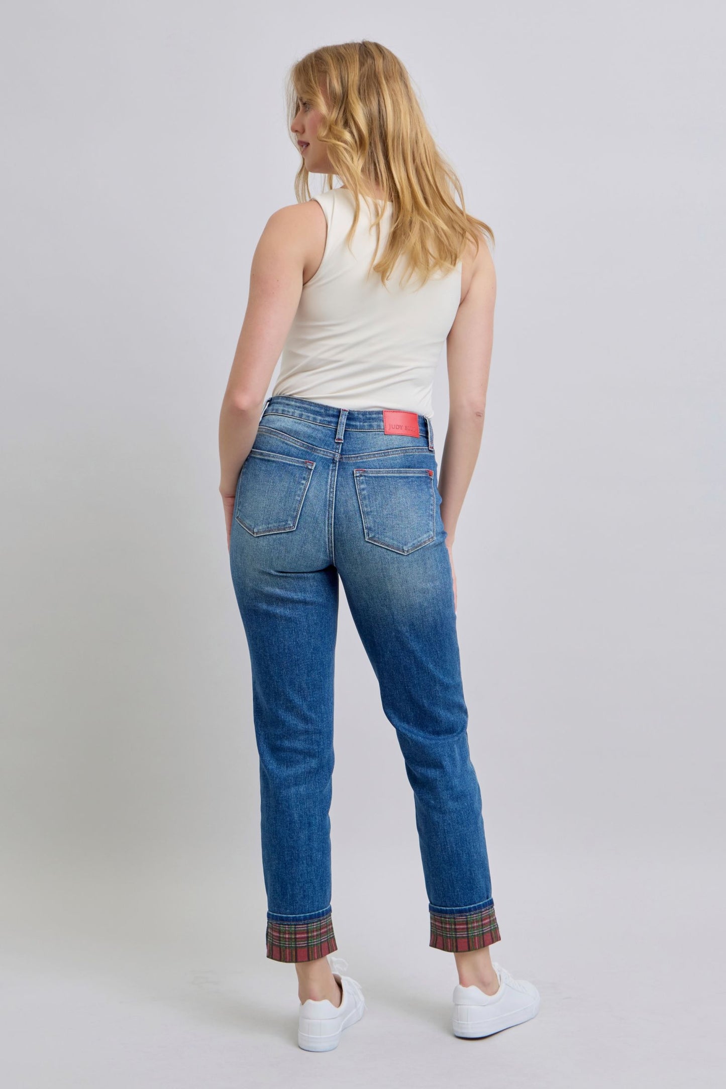 Judy Blue Mid Rise Plaid Print Cuff Boyfriend Jeans 88877