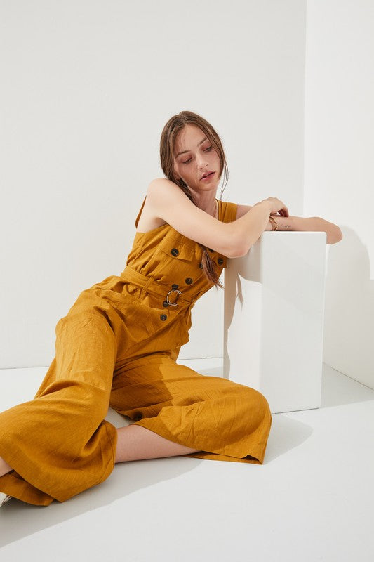 Jade By Jane Linen Blend Sleeveless Square Neck Button Down Ankle Jumpsuit