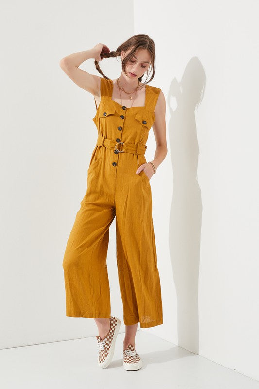 Jade By Jane Linen Blend Sleeveless Square Neck Button Down Ankle Jumpsuit