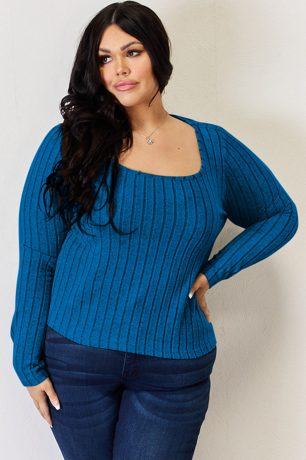 Basic Bae Full Size Scoop Neck Ribbed Long Sleeve Top