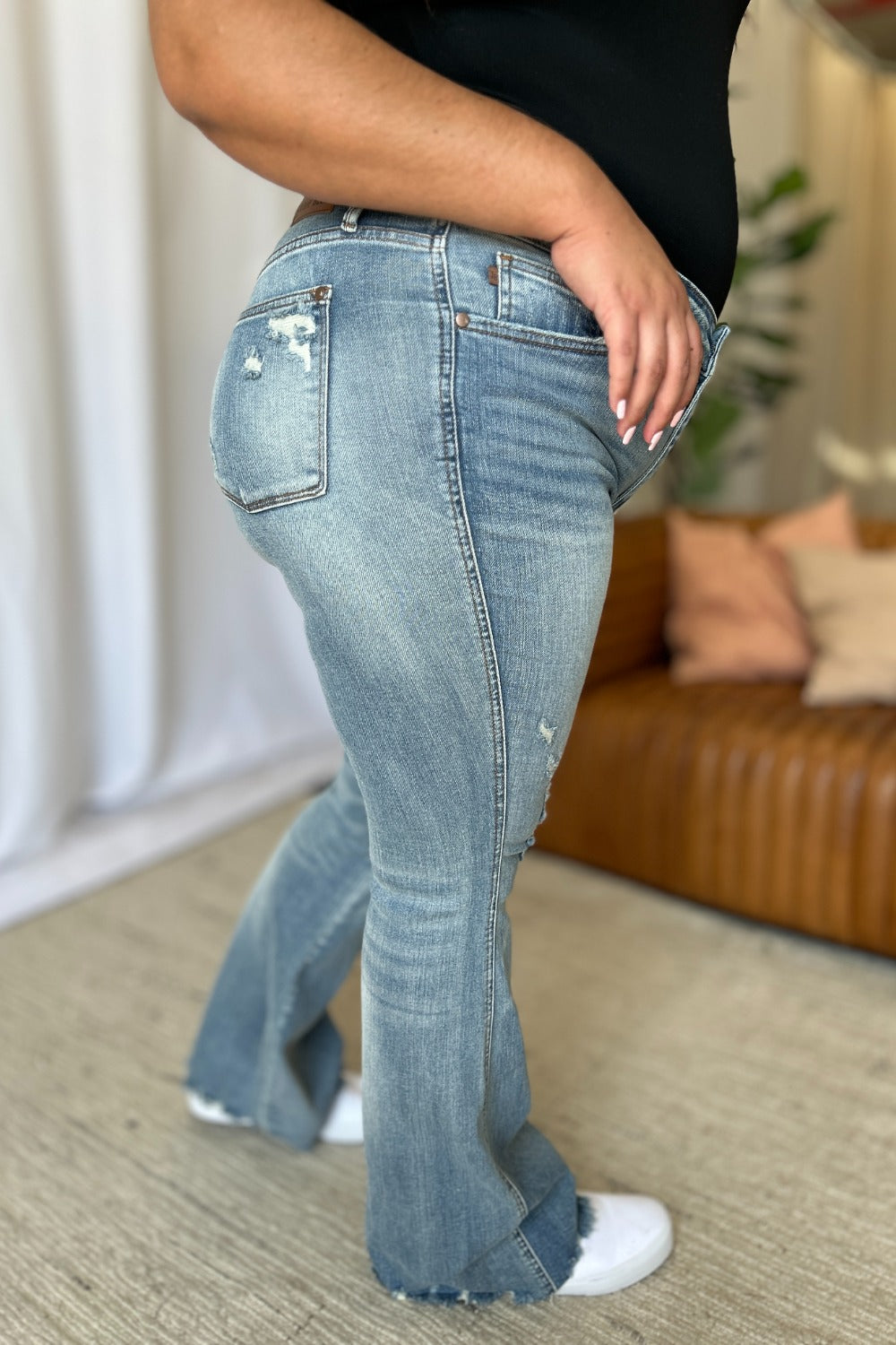 Judy Blue Mid Rise Tummy Control Distressed Flare Leg Jeans #88594