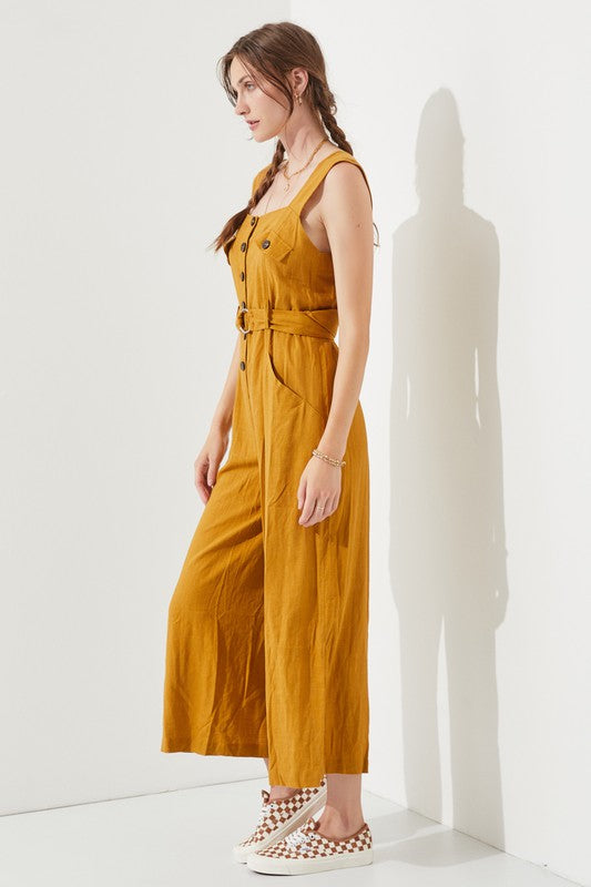 Jade By Jane Linen Blend Sleeveless Square Neck Button Down Ankle Jumpsuit