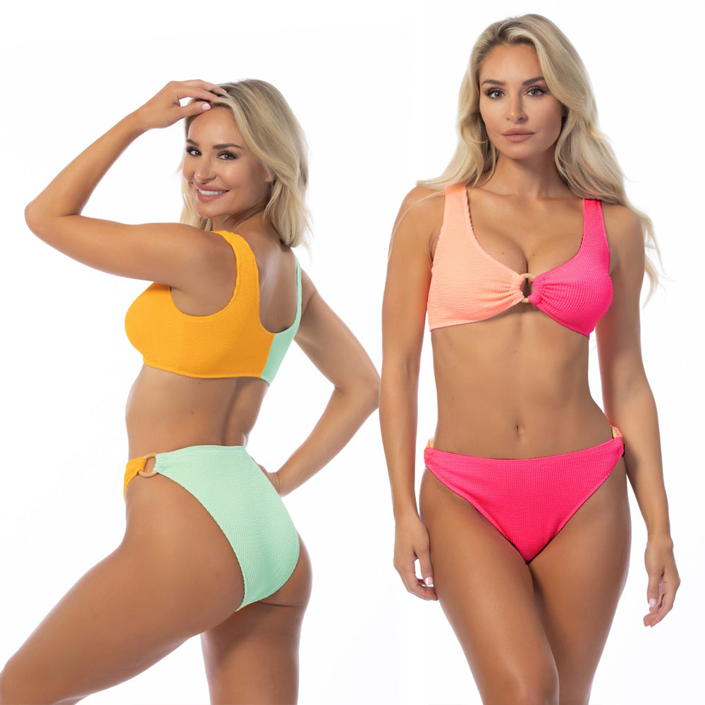 Beach Joy Bikini Textured Color Block Ring Accent Bikini Set Swimsuit
