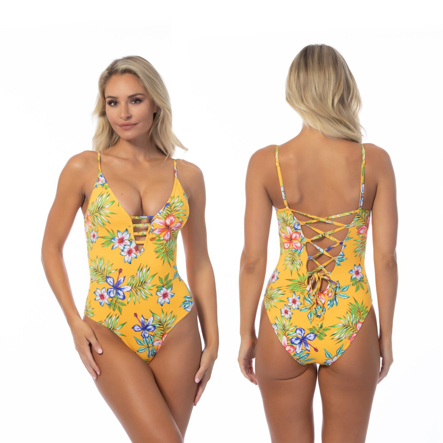 Beach Joy Bikini Hawaii Yellow Island Print One Piece Swimsuit