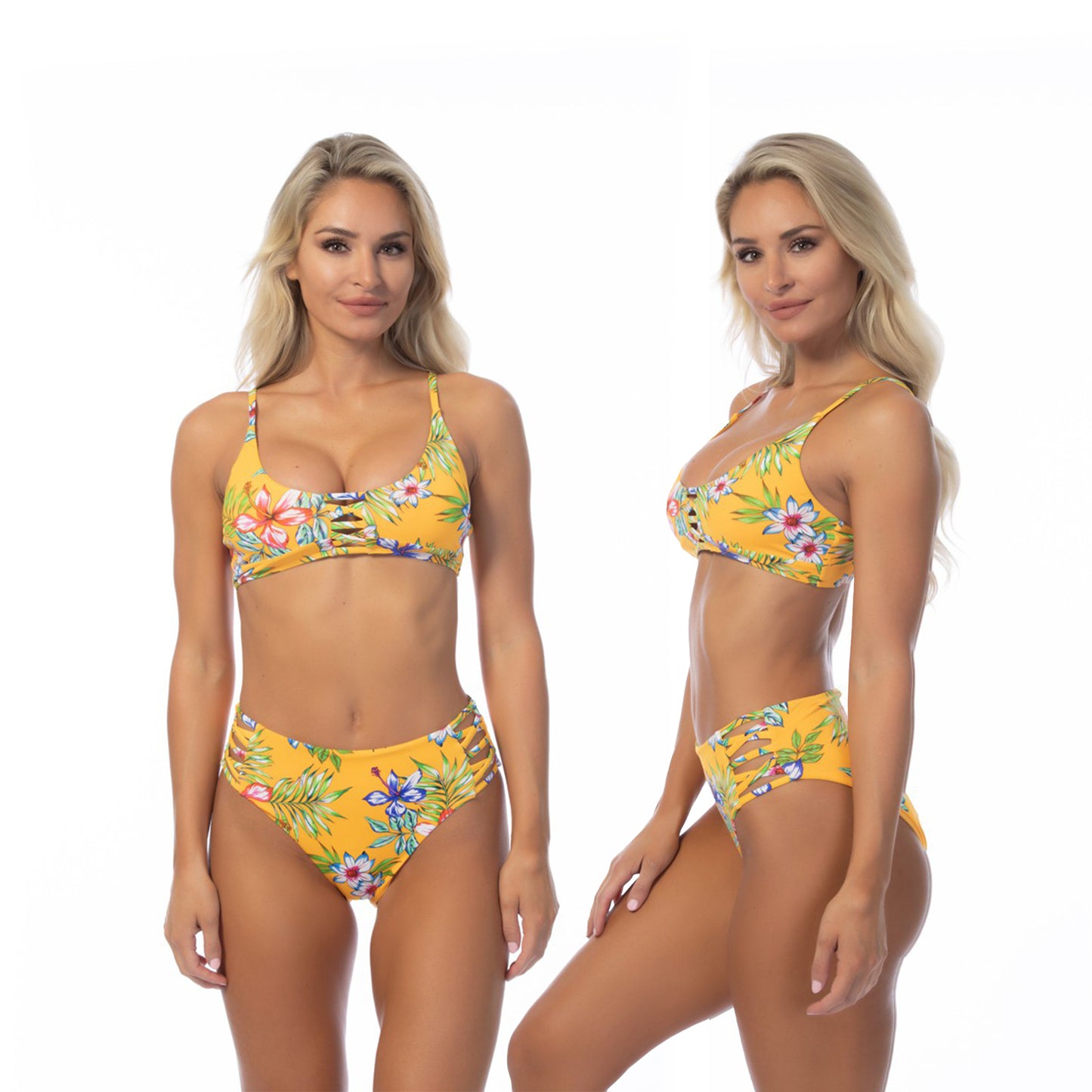 Beach Joy Bikini Hawaii Yellow Island Print High Waist Bikini Set Swimsuit