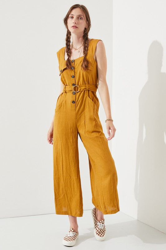 Jade By Jane Linen Blend Sleeveless Square Neck Button Down Ankle Jumpsuit