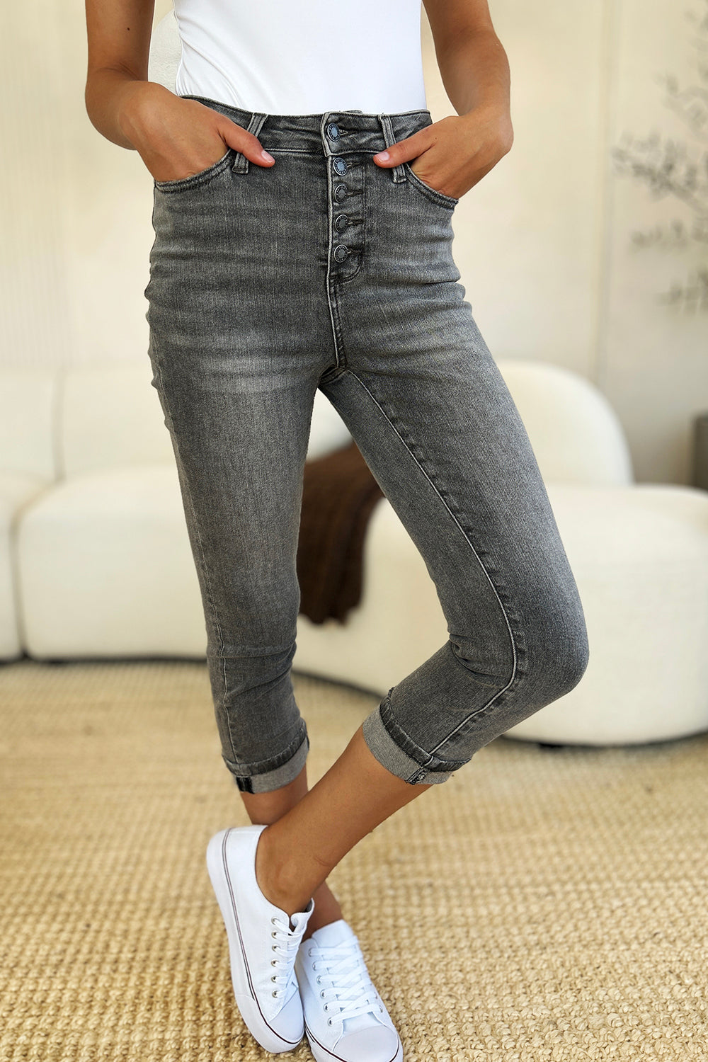 Judy Blue Button Fly High Waist Cuffed Capris #78110