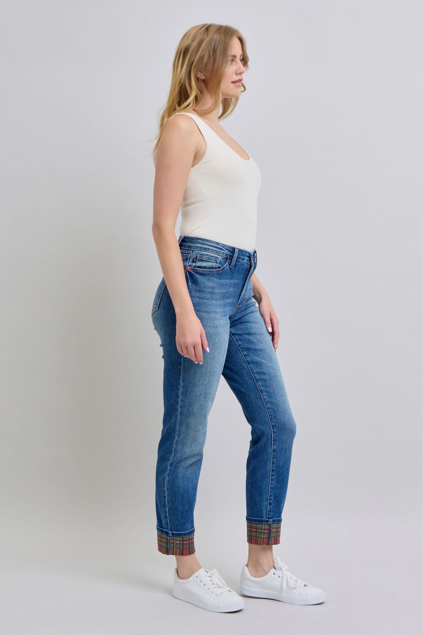 Judy Blue Mid Rise Plaid Print Cuff Boyfriend Jeans 88877