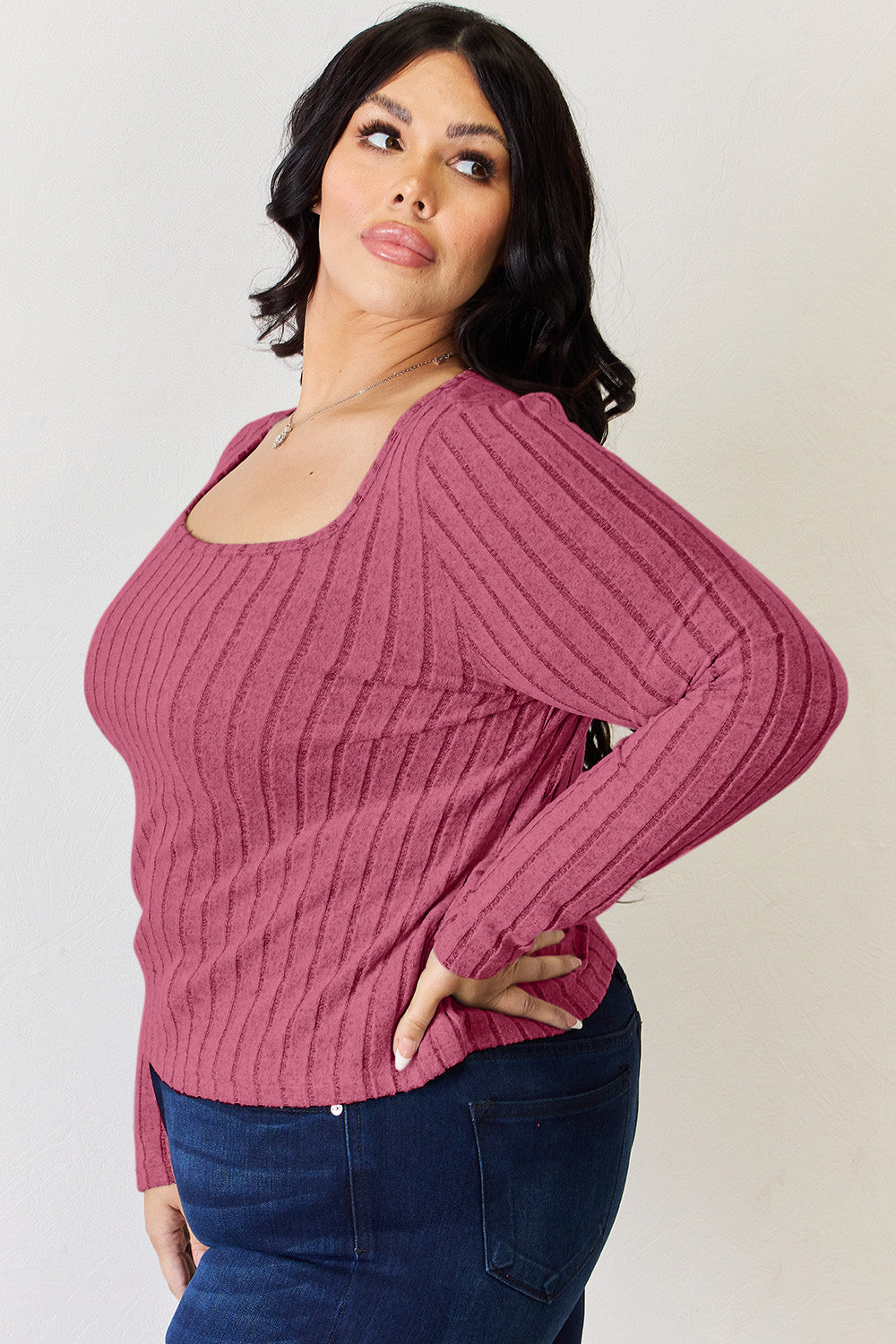 Basic Bae Full Size Scoop Neck Ribbed Long Sleeve Top