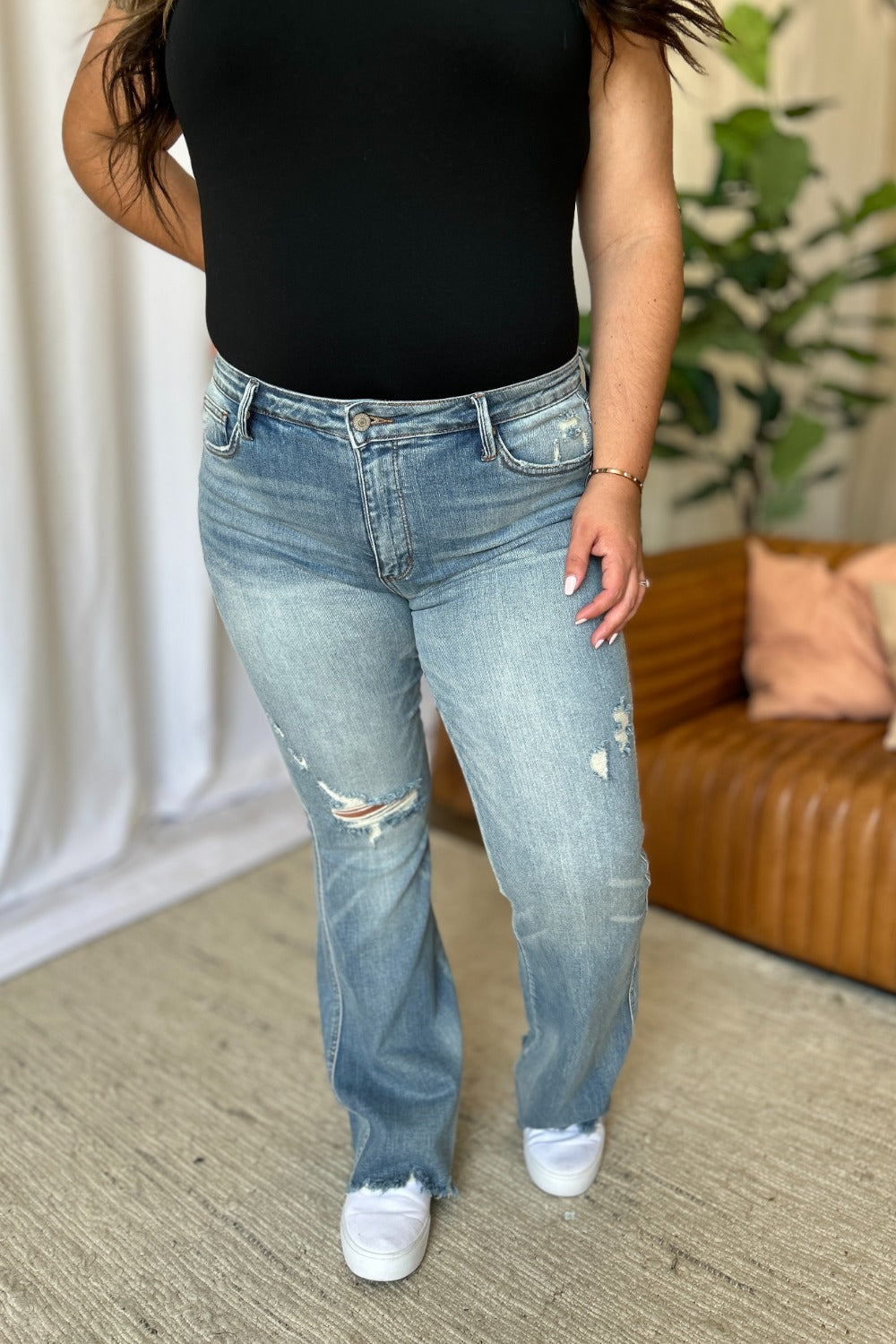 Judy Blue Mid Rise Tummy Control Distressed Flare Leg Jeans #88594