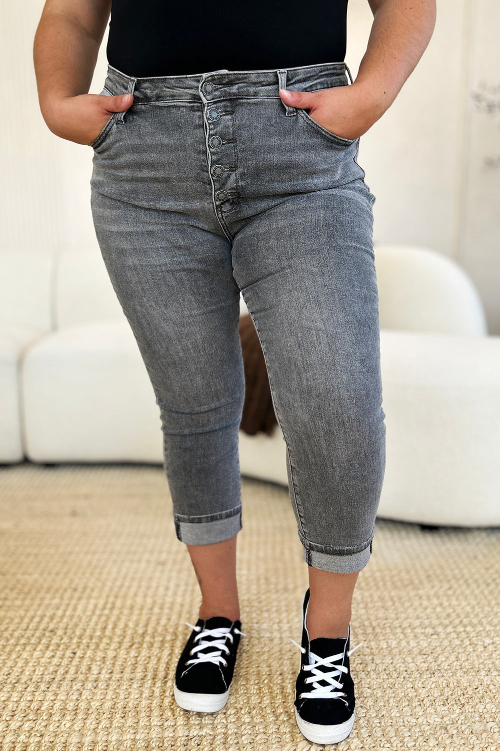 Judy Blue Button Fly High Waist Cuffed Capris #78110