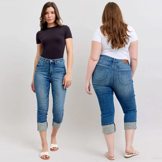 Judy Blue High Waist Tummy Control Back Shield Pockets & Cuff Capri Jeans 78114