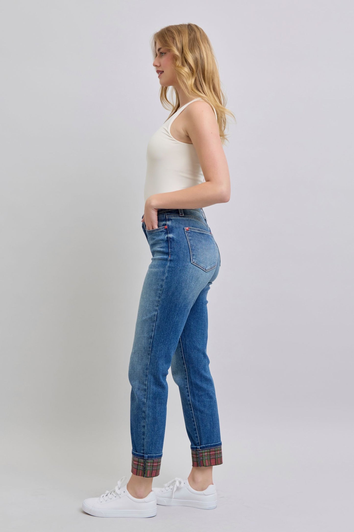 Judy Blue Mid Rise Plaid Print Cuff Boyfriend Jeans 88877