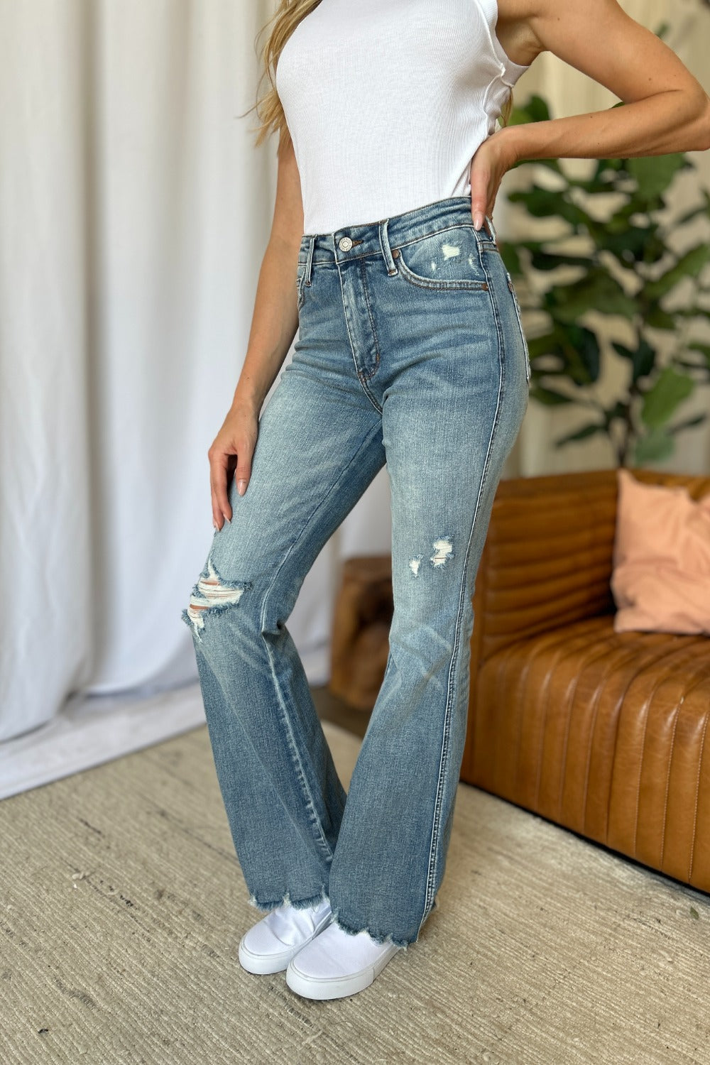 Judy Blue Mid Rise Tummy Control Distressed Flare Leg Jeans #88594