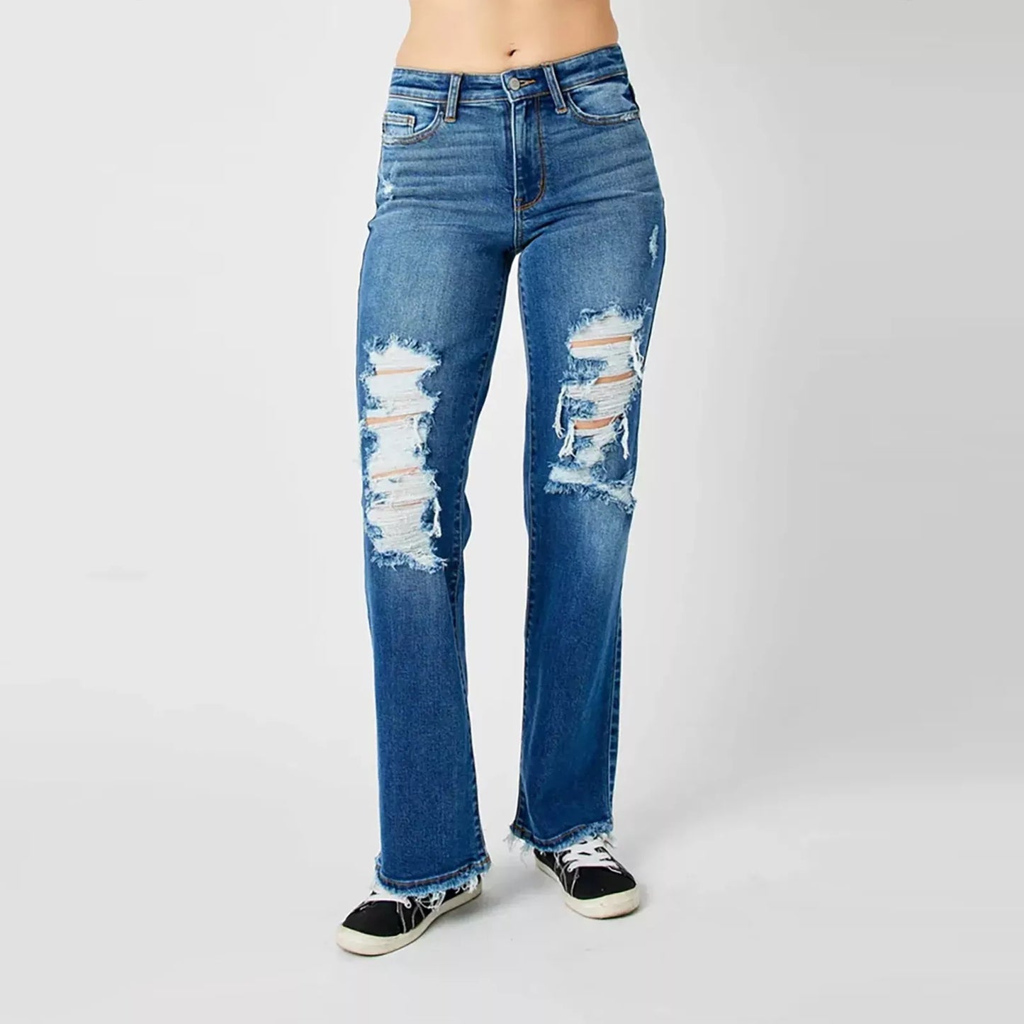 Judy Blue Mid Rise Distressed Raw Hem Dad Jeans #82605