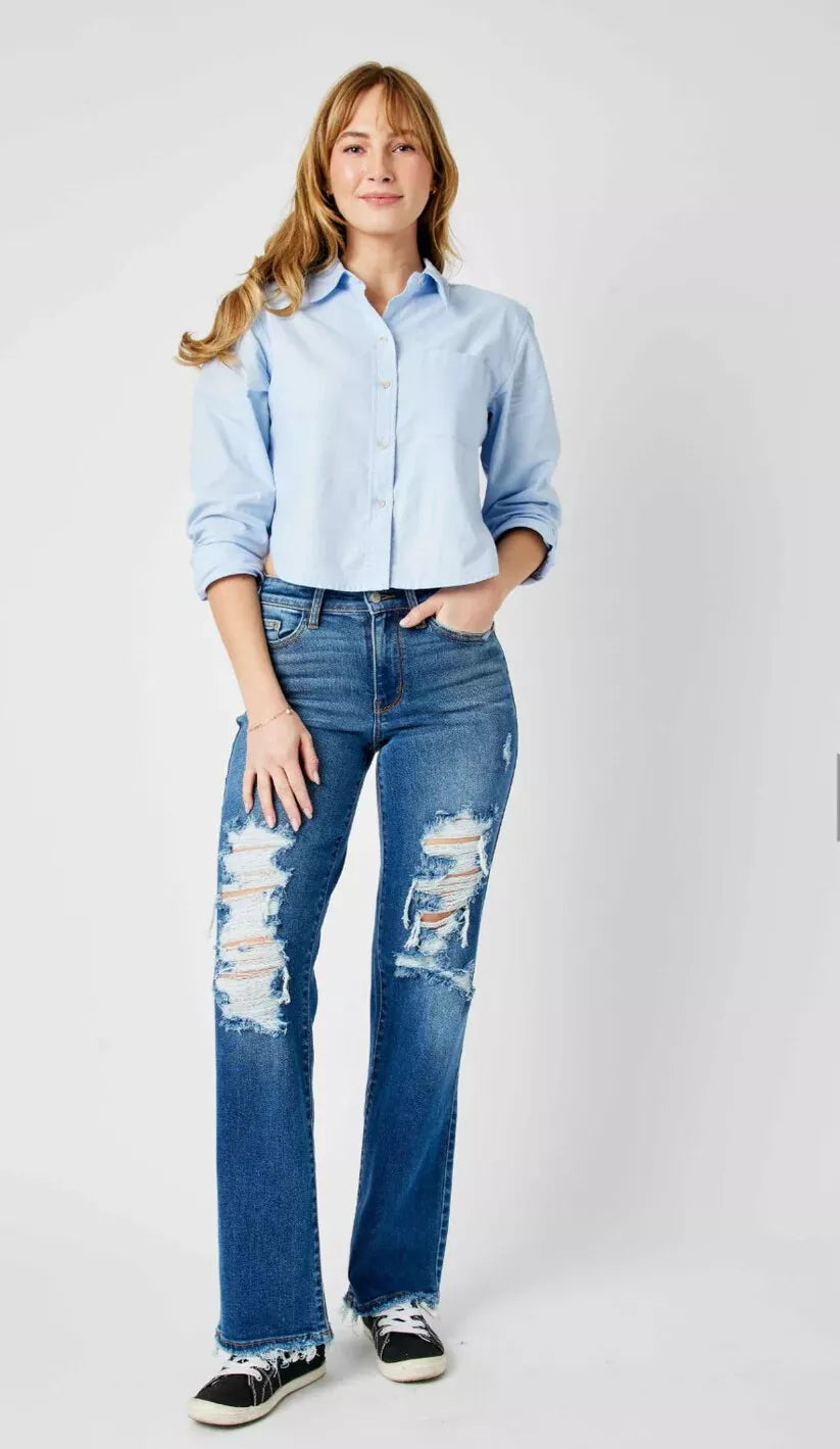 Judy Blue Mid Rise Distressed Raw Hem Dad Jeans #82605