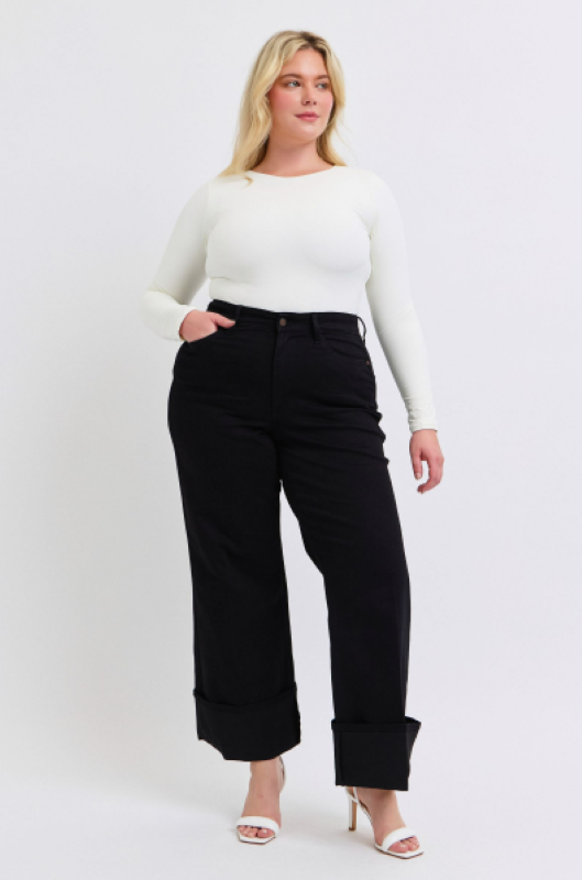 Judy Blue High Waist Retro Wide Leg W/ Cuff Denim Jeans 82617