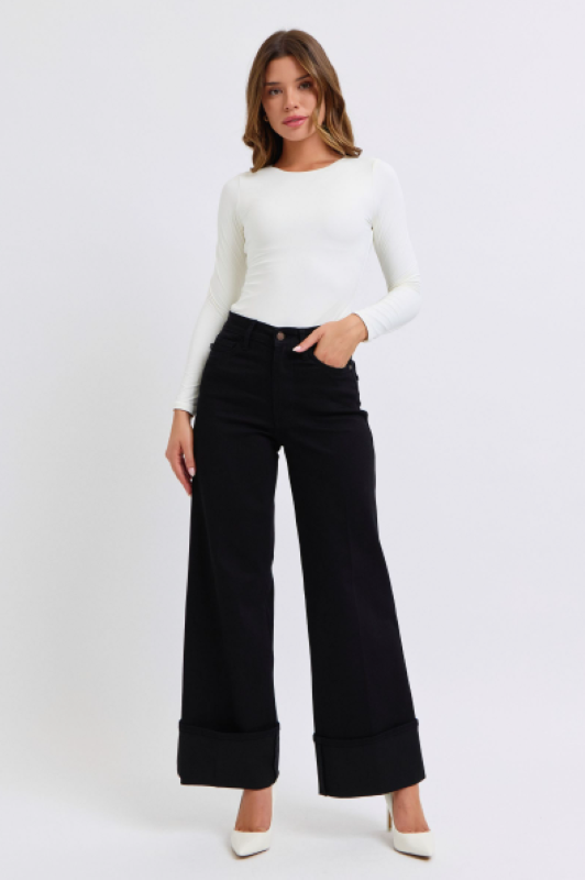 Judy Blue High Waist Retro Wide Leg W/ Cuff Denim Jeans 82617