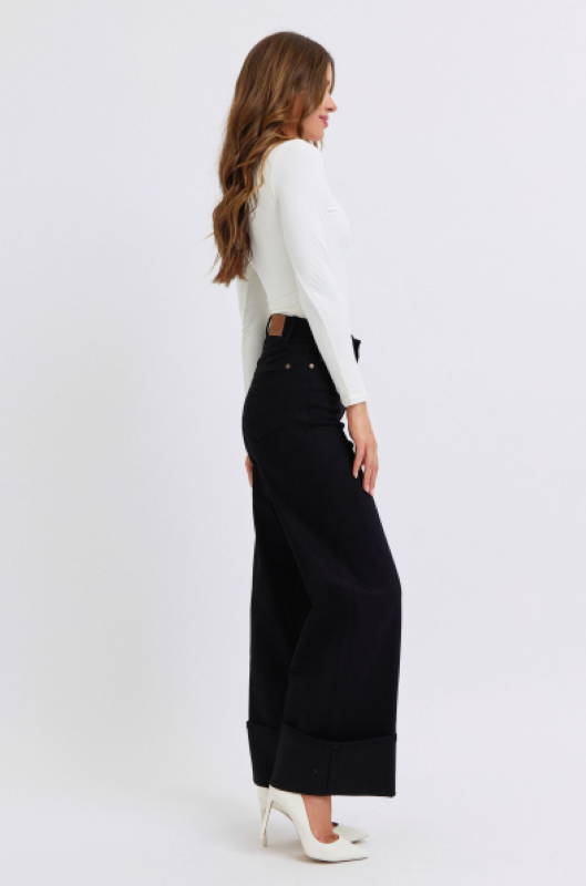 Judy Blue High Waist Retro Wide Leg W/ Cuff Denim Jeans 82617