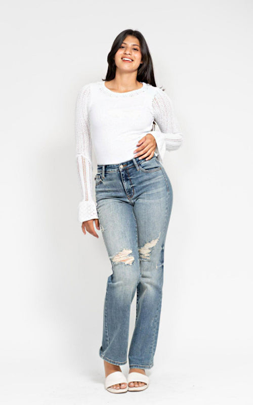 Judy Blue High Waist Dad Straight W/ Harsh Tint & Destroy Jeans #82641