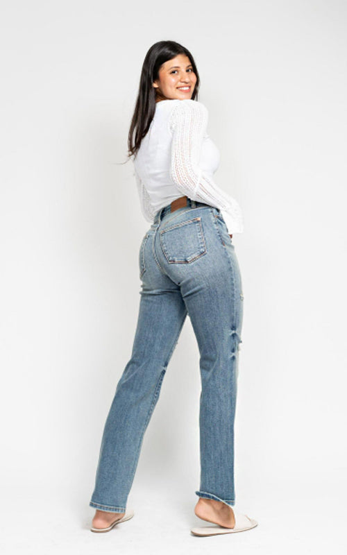 Judy Blue High Waist Dad Straight W/ Harsh Tint & Destroy Jeans #82641