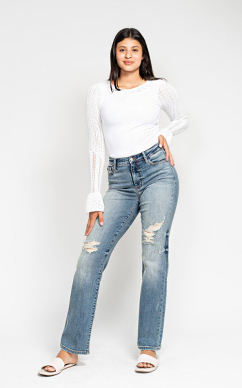 Judy Blue High Waist Dad Straight W/ Harsh Tint & Destroy Jeans #82641