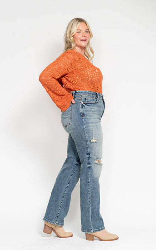 Judy Blue High Waist Dad Straight W/ Harsh Tint & Destroy Jeans #82641