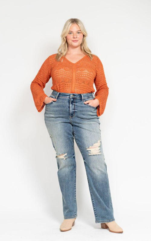 Judy Blue High Waist Dad Straight W/ Harsh Tint & Destroy Jeans #82641