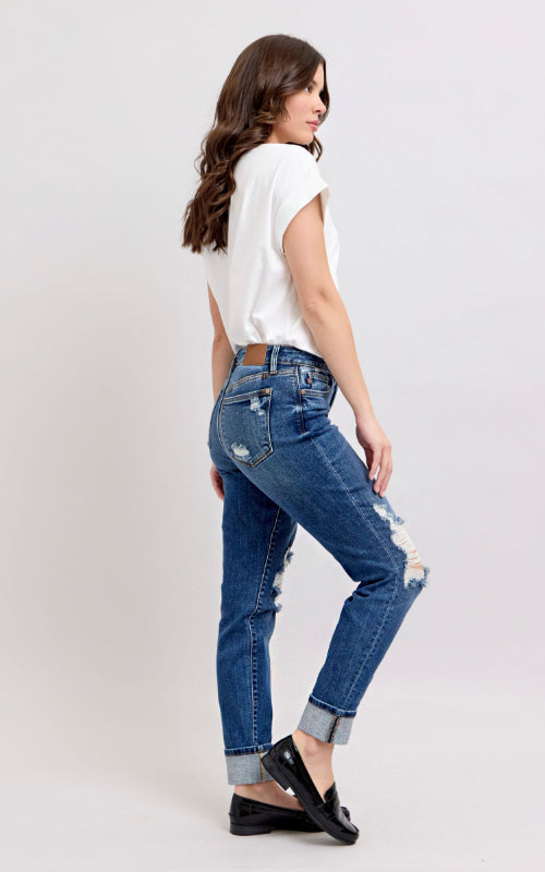 Judy Blue MR Boyfriend Fit w/Destroy, Yoke Pocket, & Faux Selvedge Cuff #82647