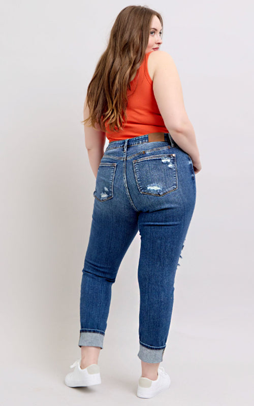 Judy Blue MR Boyfriend Fit w/Destroy, Yoke Pocket, & Faux Selvedge Cuff #82647