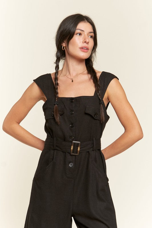 Jade By Jane Linen Blend Sleeveless Square Neck Button Down Ankle Jumpsuit