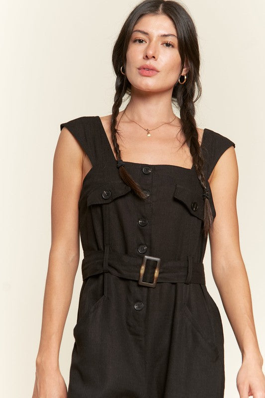 Jade By Jane Linen Blend Sleeveless Square Neck Button Down Ankle Jumpsuit