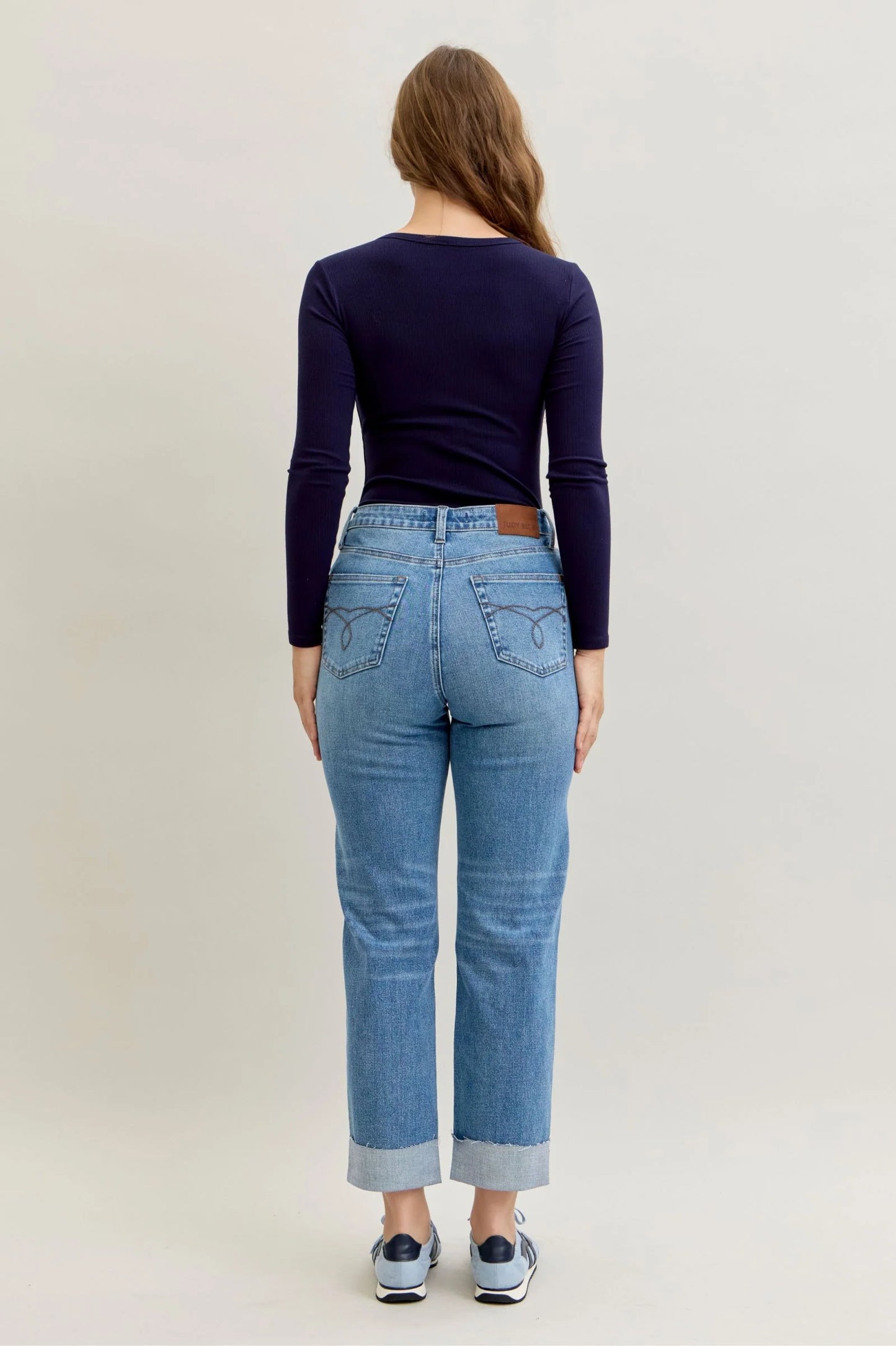 Judy Blue High Waist Bf Criss-cross Mild Destroy Jeans with Single Cuff 881003