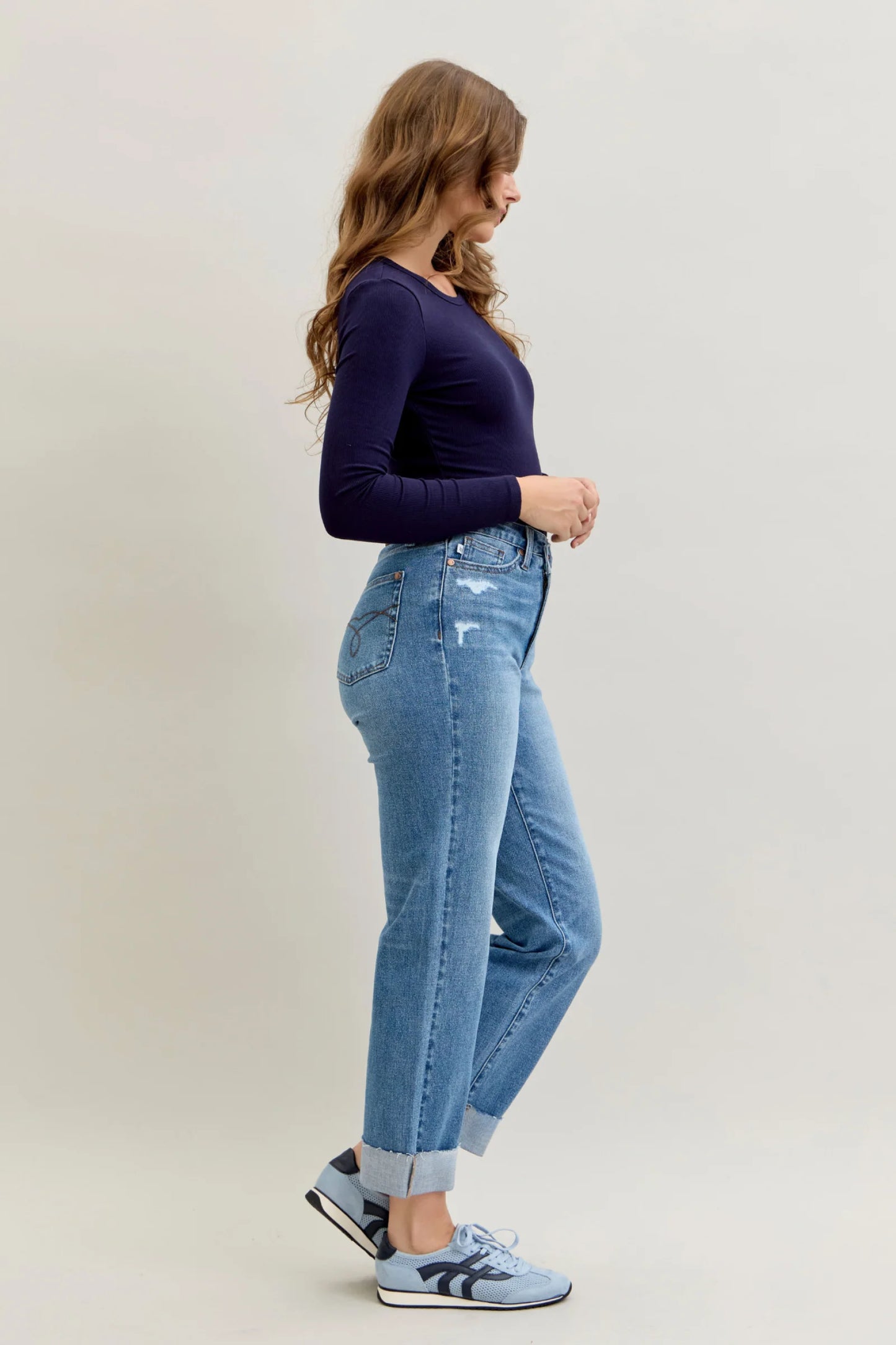 Judy Blue High Waist Bf Criss-cross Mild Destroy Jeans with Single Cuff 881003