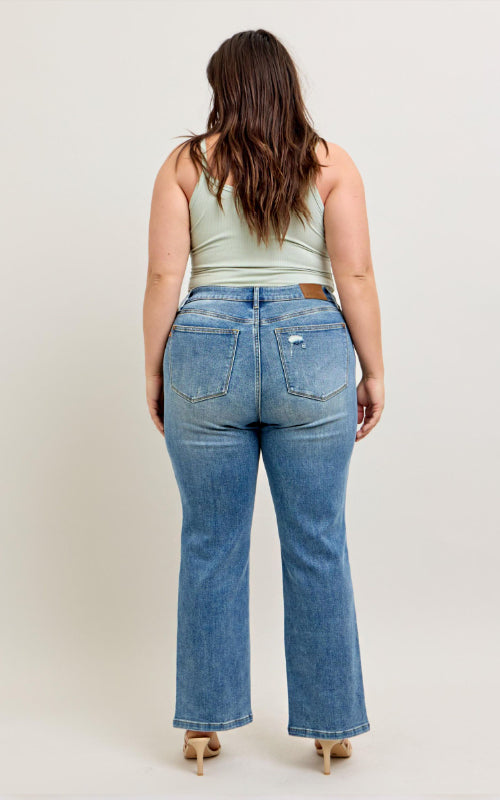 Judy Blue HW Vintage Wash Front Seam & Slit Straight Leg Jeans #88533