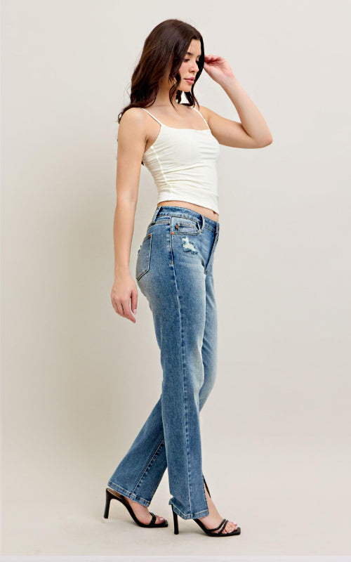 Judy Blue HW Vintage Wash Front Seam & Slit Straight Leg Jeans #88533