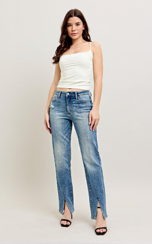 Judy Blue HW Vintage Wash Front Seam & Slit Straight Leg Jeans #88533