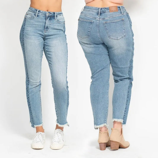 Judy Blue HW Vintage Wash Side Panel Detail & Hi Lo Fray Hem Slim Jeans #88536