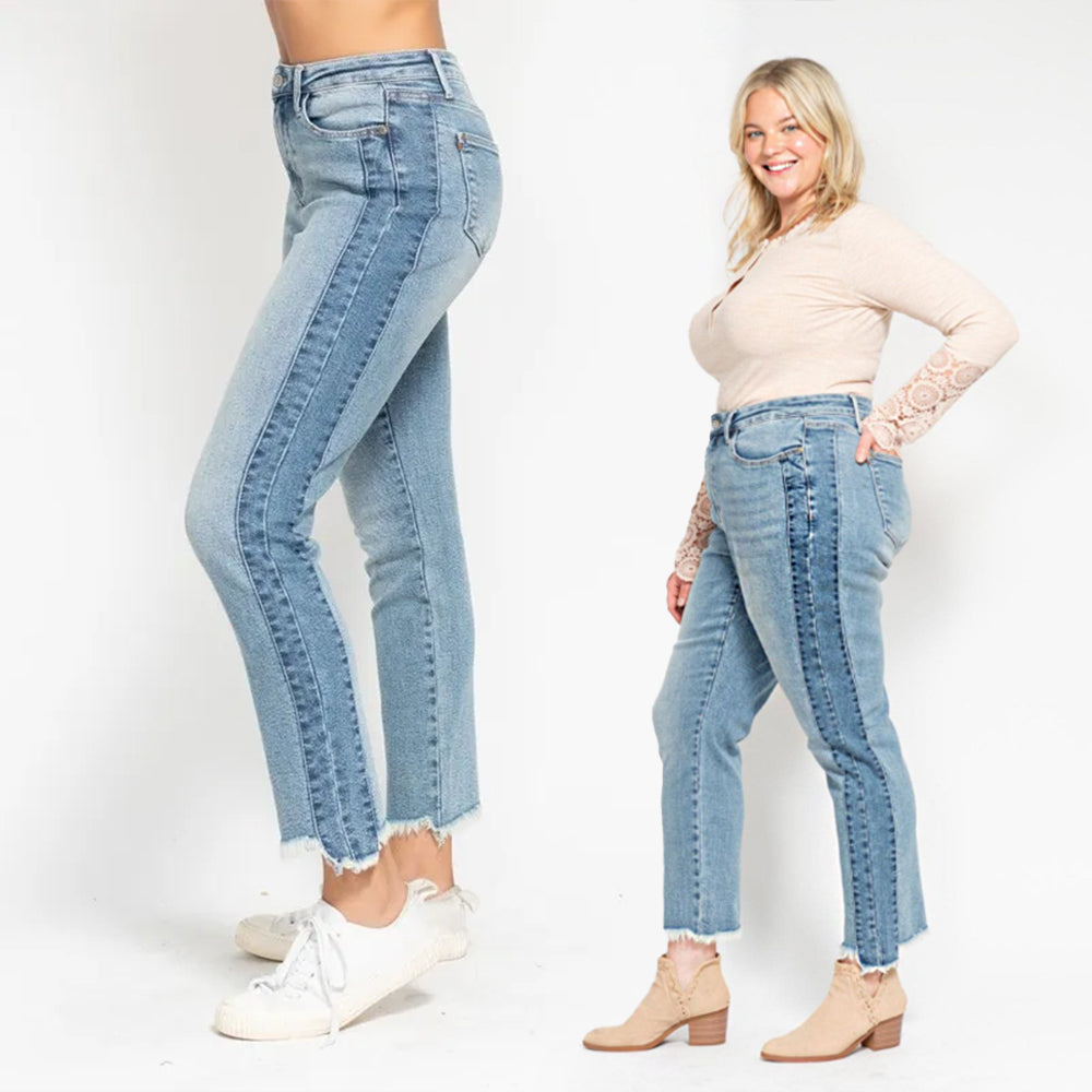 Judy Blue HW Vintage Wash Side Panel Detail & Hi Lo Fray Hem Slim Jeans #88536
