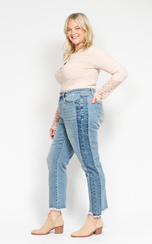 Judy Blue HW Vintage Wash Side Panel Detail & Hi Lo Fray Hem Slim Jeans #88536