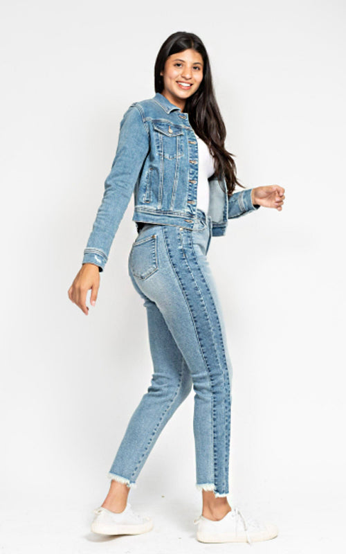 Judy Blue HW Vintage Wash Side Panel Detail & Hi Lo Fray Hem Slim Jeans #88536